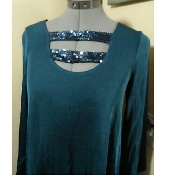 Nwt SLINKY Sequin Blouse Top Teal Rust Green XS SM - Picture 1 of 8
